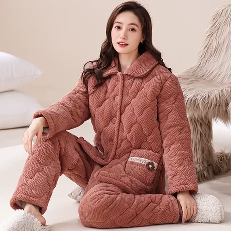 睡衣女秋冬季珊瑚绒加绒加厚中老年三层夹棉法兰绒套装家居服套装图片