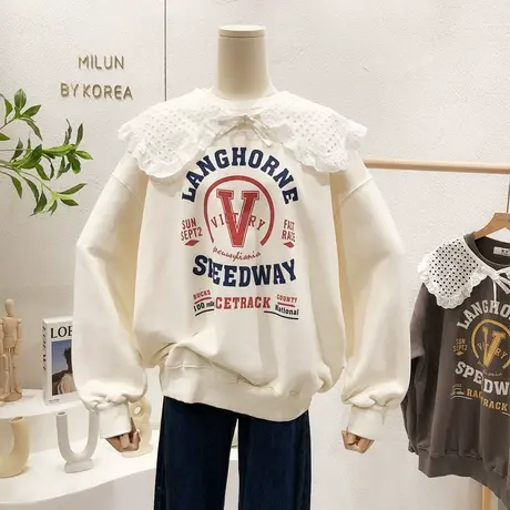 2021秋冬新款韩国东大门复古字母甜美蕾丝娃娃领加绒卫衣宽松大码商品大图