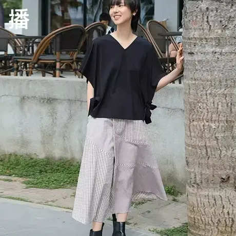 播2023秋季新款弧形下摆复古文艺格纹不对称拼接半裙女BDP2BD0343图片