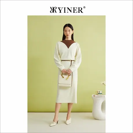 【美丽诺羊毛】YINER音儿春季双面罗马针织撞色连衣裙图片