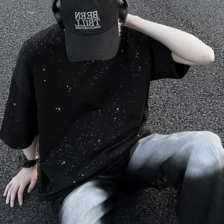 满天星亮片短袖T恤男夏季美式宽松2025新款半袖痞帅高街潮牌男装商品大图