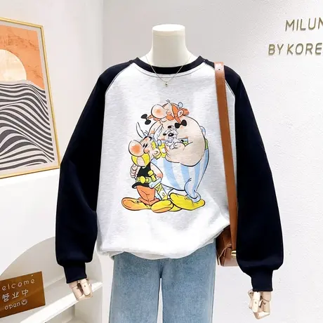 韩代同款上衣2023秋新款chic港风原宿趣味搞怪插肩袖宽松卫衣大码商品大图