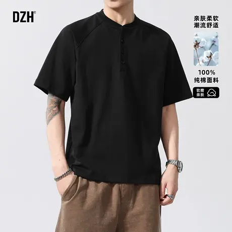 男士美式纯棉亨利领短袖t恤男2025夏季新款薄款商务半袖上衣男款商品大图