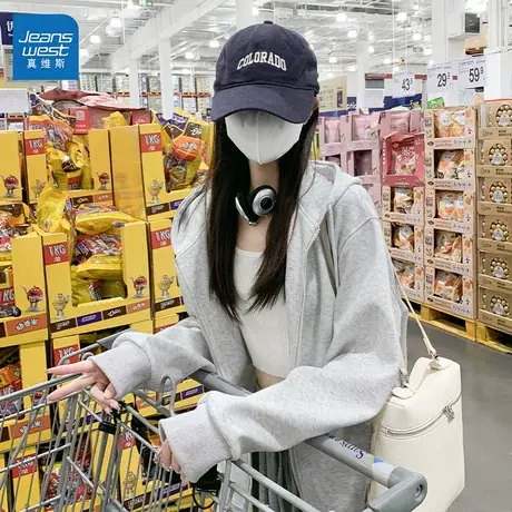 GL真维斯灰色连帽卫衣女2025新款春季休闲百搭宽松慵懒风开衫外套商品大图