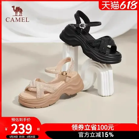骆驼女鞋2025夏季新款百搭休闲凉鞋一字带凉鞋女通勤厚底增高凉鞋图片