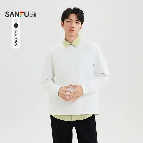 三福2025春季男士肌理皮标长T恤 都市气质圆领上衣男496824商品大图