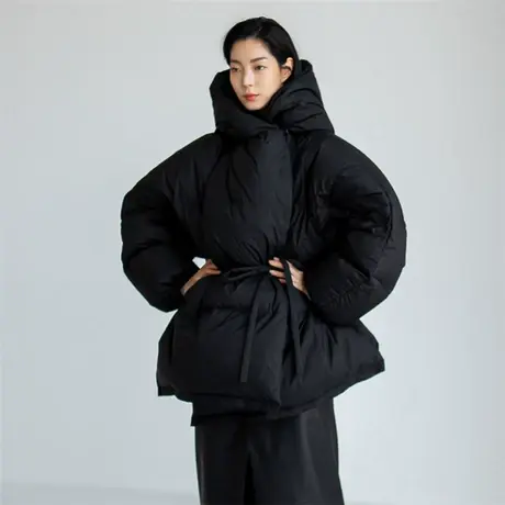 冬装新款连帽短款棉衣韩版宽松大码时尚休闲系带收腰羽绒棉服外套图片