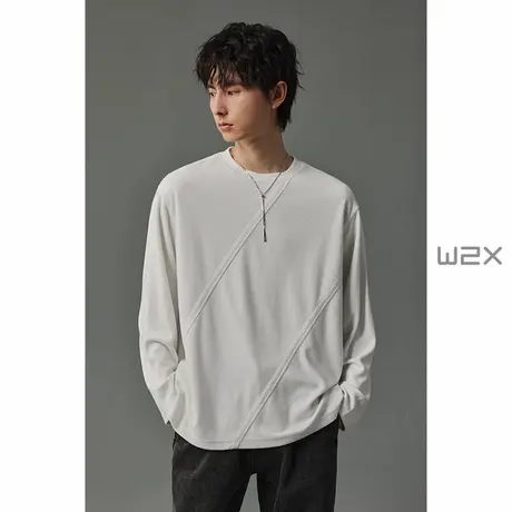 w2x2024秋季毛巾布风格斜纹拼接长袖T恤男高级感屁晒圆领体恤潮商品大图
