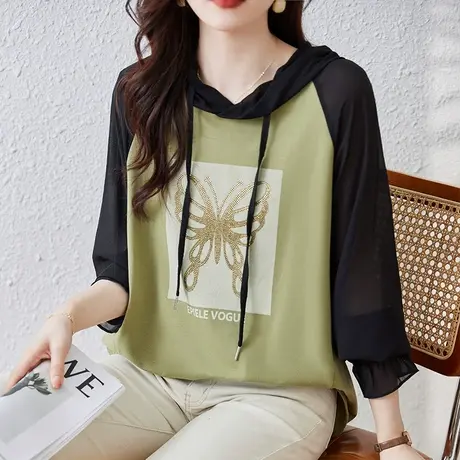 连帽长袖雪纺衬衫女春秋装宽松加大码女装胖妹妹烫钻百搭显瘦上衣图片