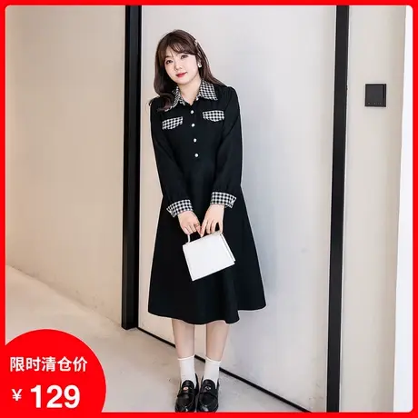 2023年秋季新款格纹拼接长款遮肉气质连衣裙显瘦大码胖mm小黑裙商品大图