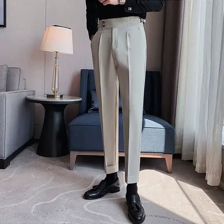 男士那不勒斯垂感高腰直筒休闲裤商务修身裤子潮流痞帅西裤男长裤图片