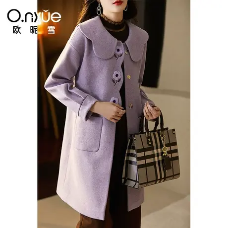 欧昵雪2023冬季新品娃娃领花卉减龄呢子大衣女中长款宽松毛呢外套商品大图