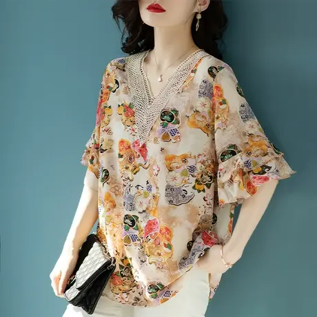 妈妈夏装碎花小衫女加大码宽松胖mm遮肚子雪纺衫显瘦洋气时髦短袖商品大图