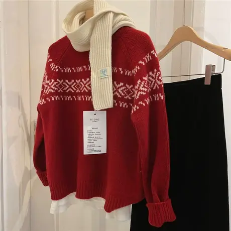 圣诞氛围感 复古红色雪花加厚羊毛宽松软糯插肩袖套头针织衫毛衣图片