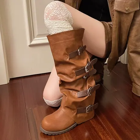 复古百搭靴子女2025新款秋季棕色平底配裙子马丁靴显瘦气质长筒靴商品大图