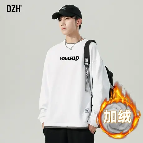 男士白色长袖t恤圆领打底衫男冬季加绒加厚保暖内搭上衣2023新款商品大图