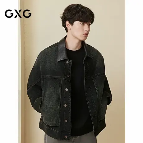 GXG男装 巴恩风领口拼接PU牛仔夹克男宽松复古外套 25秋季新品商品大图
