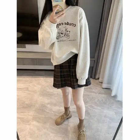 灰色卫衣女2025新款爆款春秋款薄款美式复古无帽圆领套头宽松卡通商品大图