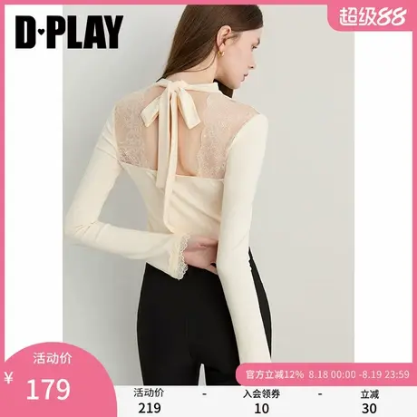DPLAY2025年秋季新款白色t恤女镂空蕾丝拼接蝴蝶结设计长袖上衣商品大图