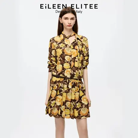 朗姿欧洲EiLEEN ELITEE系带衬衫领百褶印花连衣裙2025秋季新款商品大图