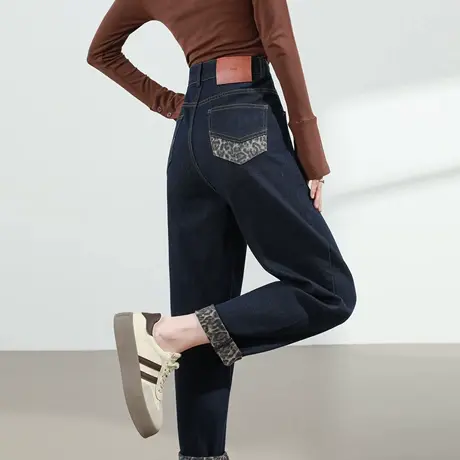 豹纹卷边哈伦牛仔裤女2025秋季新款高腰深蓝色宽松显瘦直筒老爹裤商品大图