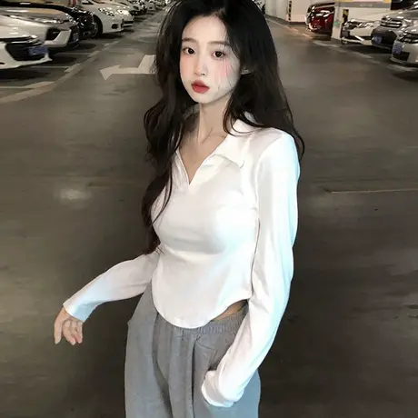 小个子短款正肩V领长袖T恤女春秋韩版修身打底衫内搭Polo纯欲上衣商品大图