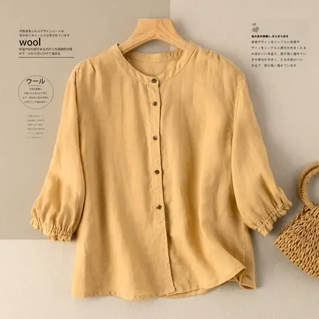 七分袖亚麻衬衫女宽松文艺复古棉麻T恤2022春夏新款薄款上衣纯色商品大图