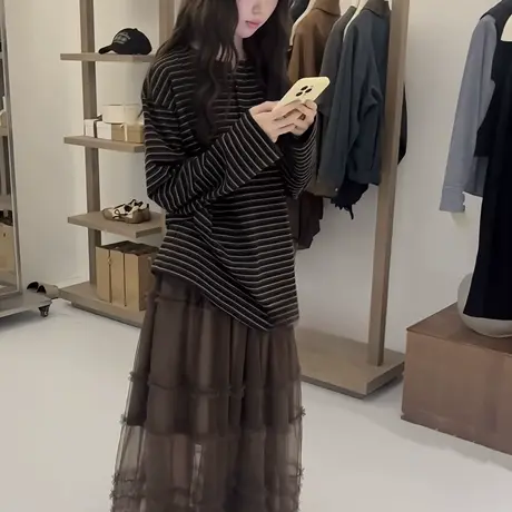 韩国东大门2025秋季新款条纹长袖T恤女宽松慵懒风百搭打底衫上衣商品大图