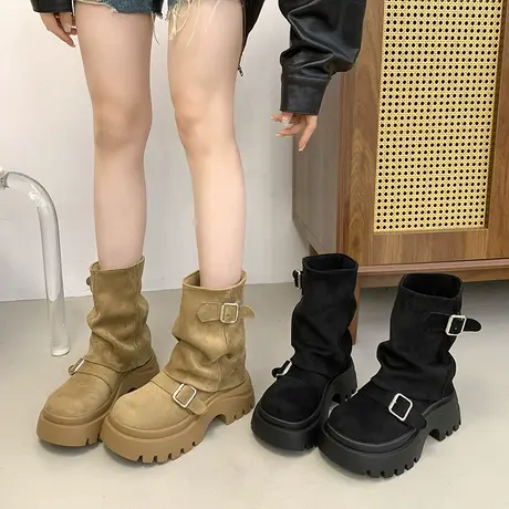 气质增高短靴女2025年秋季新款厚底小个子裤管靴配裙子西部牛仔靴商品大图