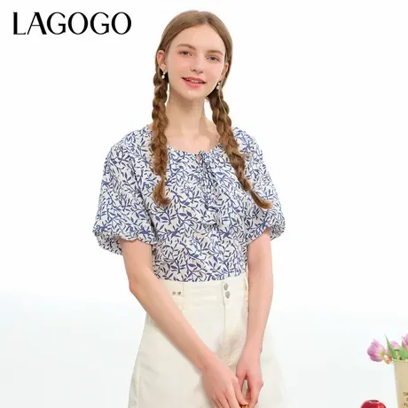 LAGOGO纯棉系带碎花T恤女拉谷谷夏季新款气质休闲圆领灯笼袖上衣商品大图