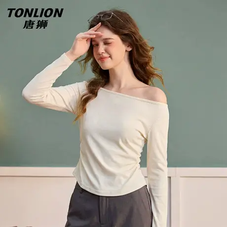 唐狮官方一字肩长袖t恤女2026新款春美式纯欲辣妹修身露肩上衣VC图片