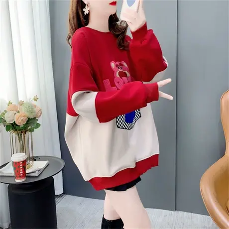 加绒加厚圆领卫衣女秋冬2022年新款宽松时尚设计感洋气百搭上衣潮商品大图