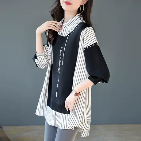 宝诗黎中长款假两件条纹拼接衬衫前短后长时尚新款衬衣女秋季长袖商品大图