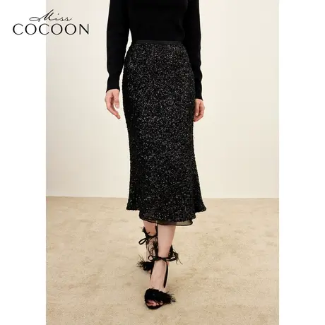 missCOCOON中长鱼尾亮片裙2023冬装新款女装珠片绣花设计感半身裙图片