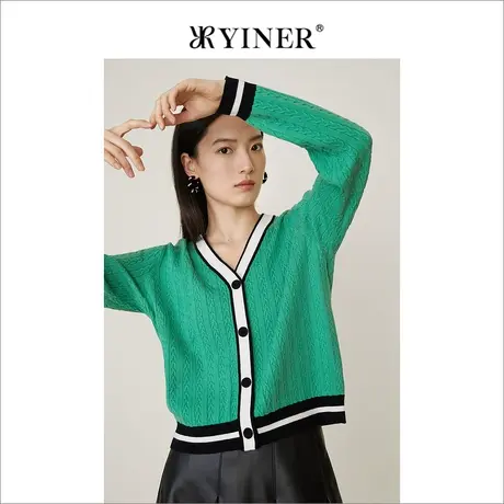 YINER音儿商场同款女装2021冬季新款撞色绞花纹理针织开衫商品大图