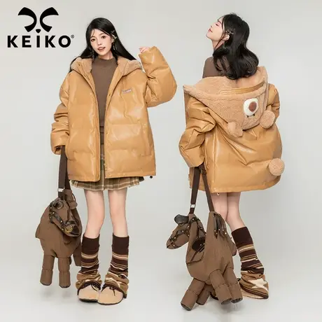KEIKO [亚光皮]棕色皮质棉服女2023冬季高级感毛绒连帽外套面包服商品大图