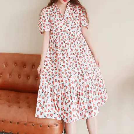 胖妹妹复古花色棉质收腰连衣裙 加大码2022新款花边领长裙200斤女商品大图