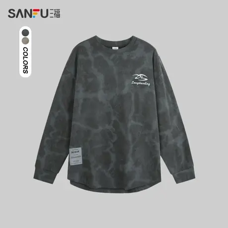 三福2023冬男士潮流印花扎染长袖T恤 宽松圆领纯棉上衣男477953商品大图
