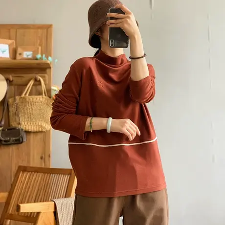 dza 复古宽松纯棉长袖高领内搭T恤女秋冬漂亮打底衫休闲短款上衣商品大图