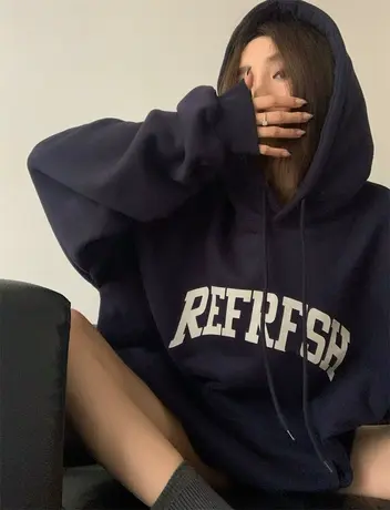 美式复古高街连帽卫衣女秋冬加绒加厚2023新款oversize慵懒风上衣图片