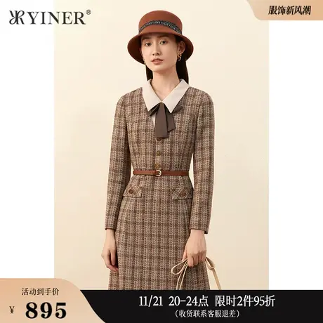 YINER音儿女装冬季小香风领结拼接格纹连衣裙图片