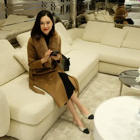 23秋冬新款高贵优雅高织超细羊毛双面呢狐狸毛女士羊毛大衣外套图片