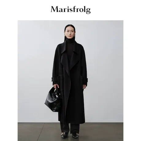 【商场同款】玛丝菲尔秋季新款黑色中长款毛呢外套大衣商品大图