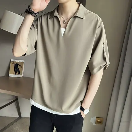 假两件短袖夏季潮牌痞帅冰丝个性T恤2023新款夏装半袖上衣POLO衫图片