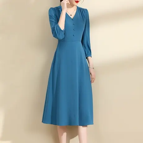 水墨青华2023冬季新款百搭显瘦大摆裙时尚中长款蓝色打底连衣裙图片