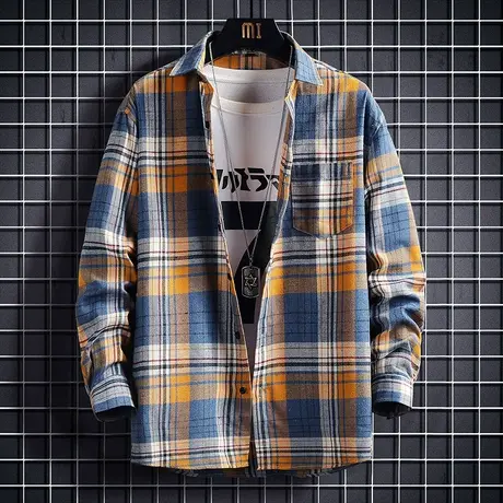 潮牌2022秋季新款宽松长袖格子衬衫男士韩版时尚百搭休闲衬衣男装商品大图