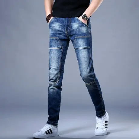 2023秋款男士拼接牛仔裤男潮牌休闲男款弹力修身小脚裤子韩版男款商品大图