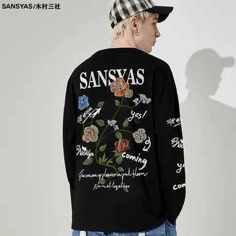 木村三社SANSYAS 复古玫瑰美式纯棉长袖t恤男百搭宽松秋季上衣商品大图