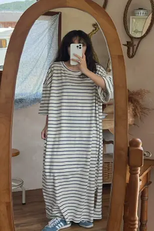 夏装新款短袖条纹T恤连衣裙女过膝长款韩版宽松大码休闲慵懒风裙图片