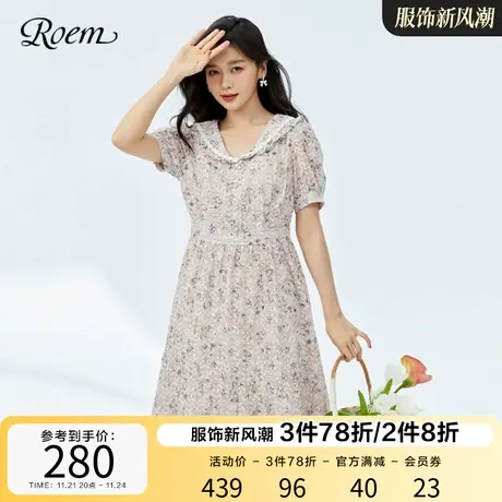Roem泡泡袖商场同款春夏新品韩式雪纺碎花娃娃领短袖高腰公主裙图片